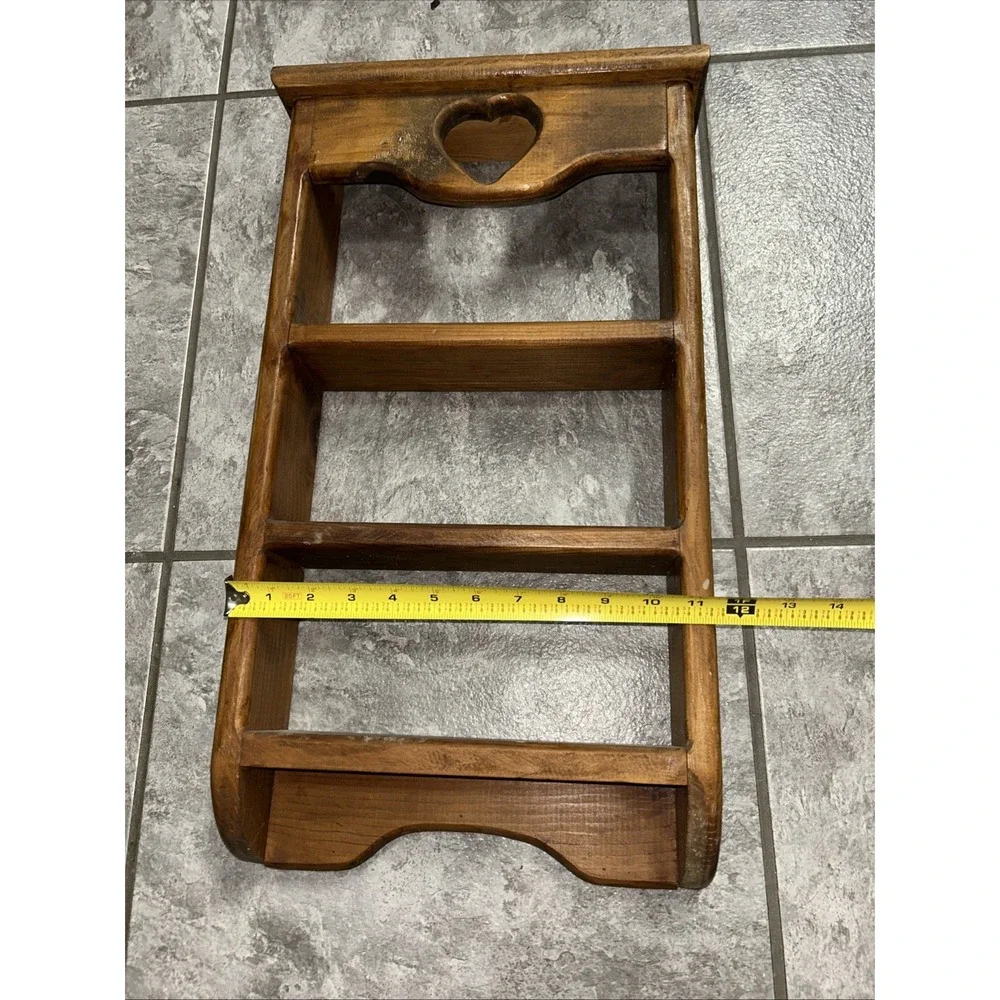 Vintage Wooden Three Tiered Wall Shelf Heart Cutout Handmade Country Decor